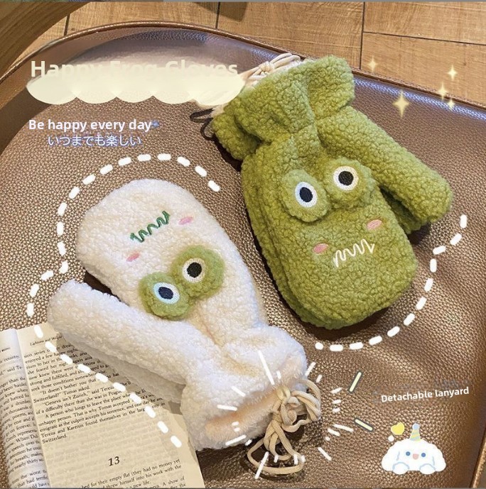 Wool Glove Lined - Korean Style Cute Green Cartoon Frog